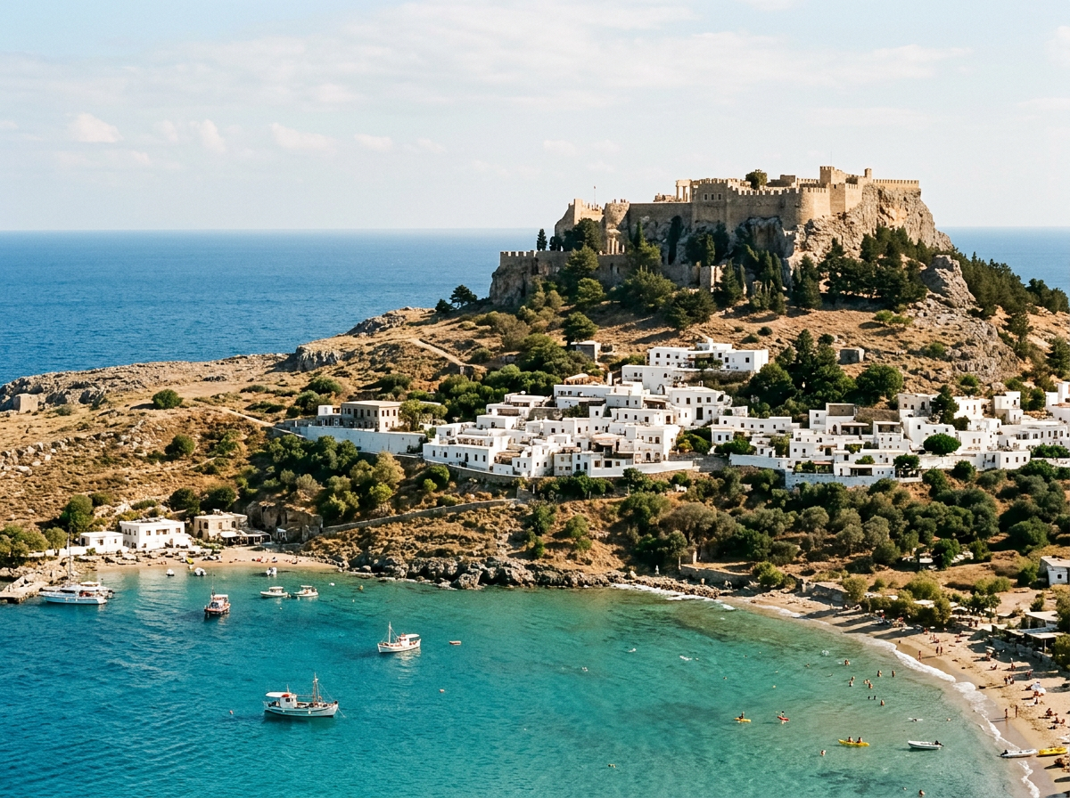 Lindos și Acropola deasupra golfului din Rhodos