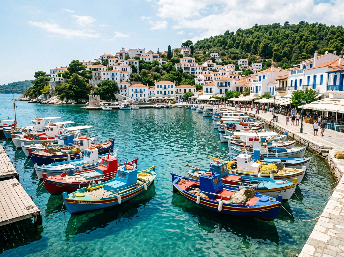 Vase colorate în portul Skiathos, pe apă turcoaz, cu vegetație verde pe mal